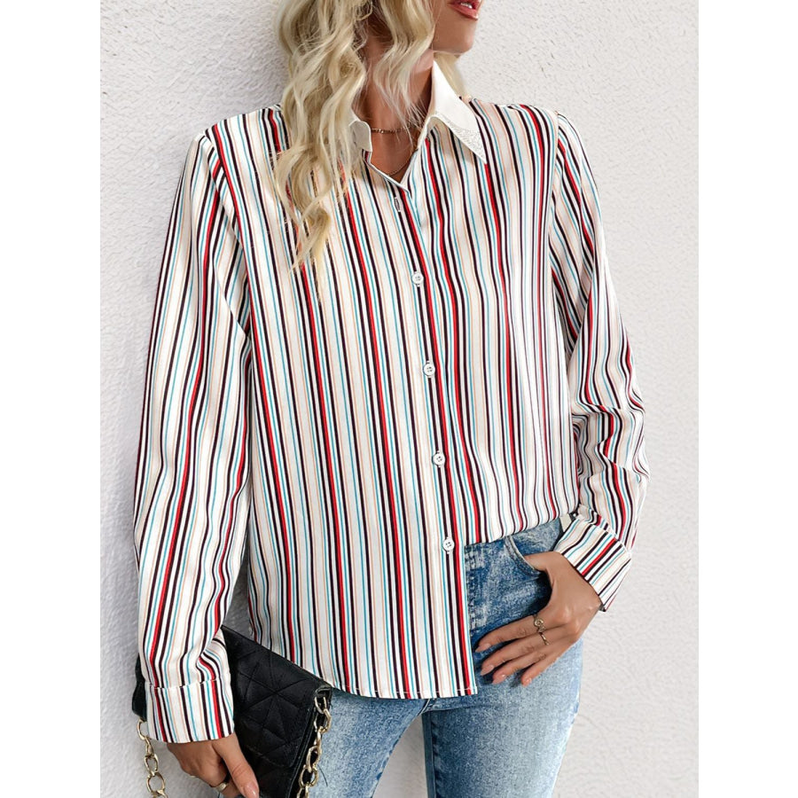 Perfee Contrast Striped Collared Neck Long Sleeve Shirt Apparel and Accessories