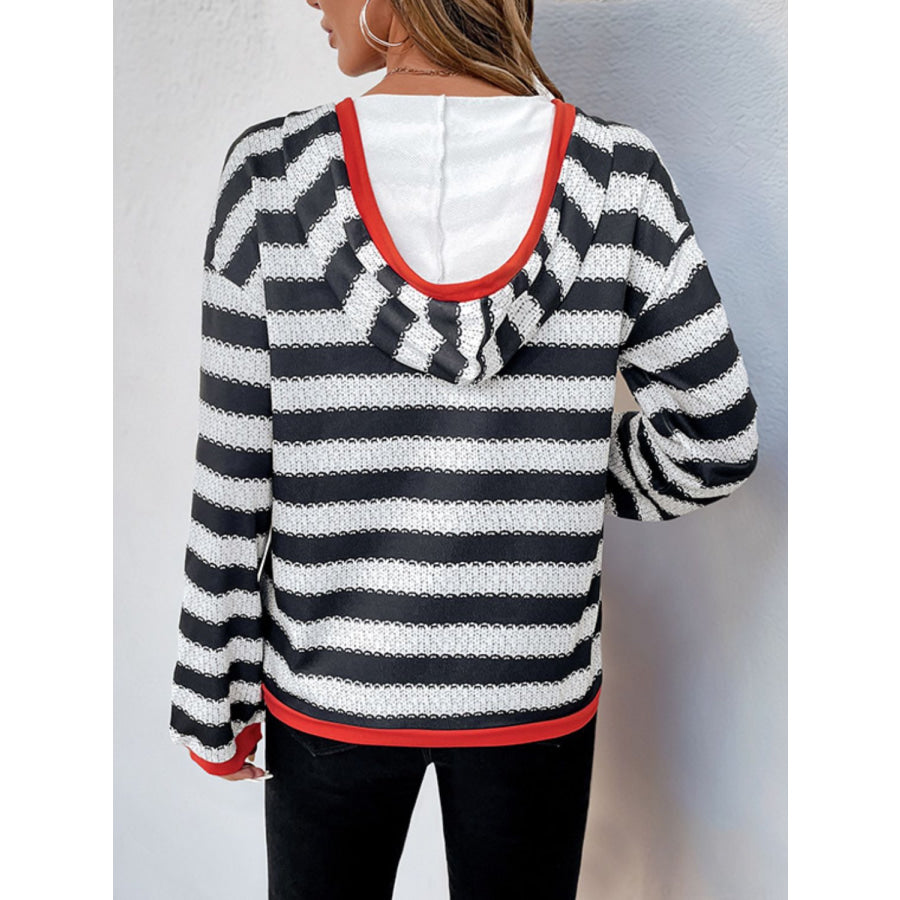 Perfee Contrast Striped Long Sleeve Hoodie Black / S Apparel and Accessories