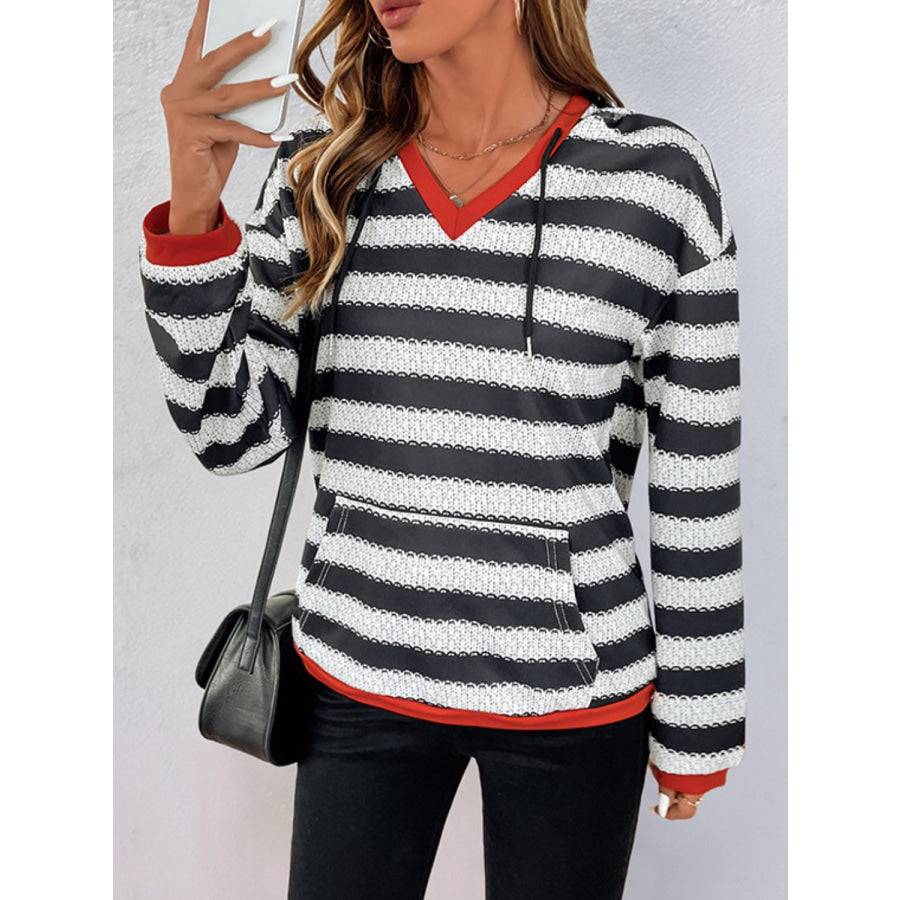 Perfee Contrast Striped Long Sleeve Hoodie Apparel and Accessories