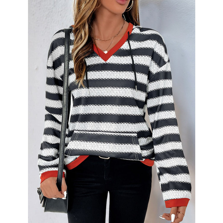 Perfee Contrast Striped Long Sleeve Hoodie Apparel and Accessories