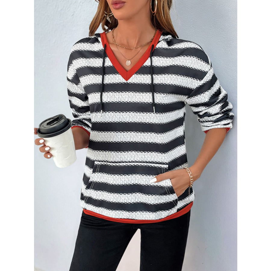 Perfee Contrast Striped Long Sleeve Hoodie Apparel and Accessories