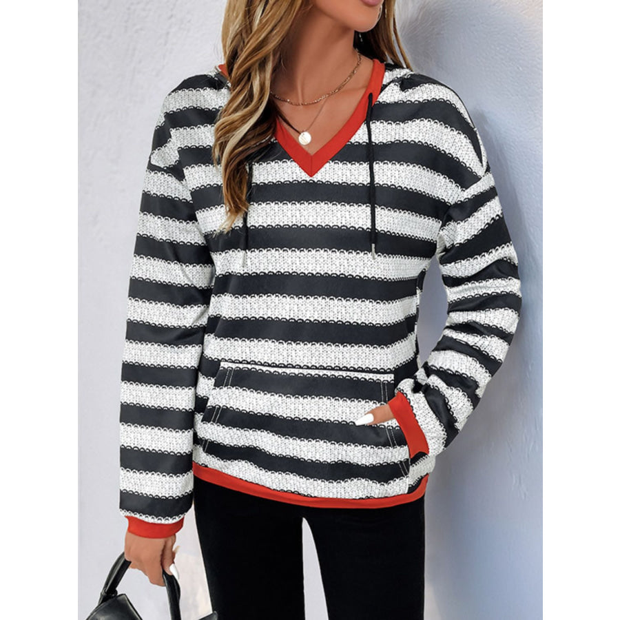 Perfee Contrast Striped Long Sleeve Hoodie Apparel and Accessories