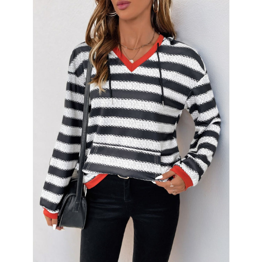 Perfee Contrast Striped Long Sleeve Hoodie Black / S Apparel and Accessories