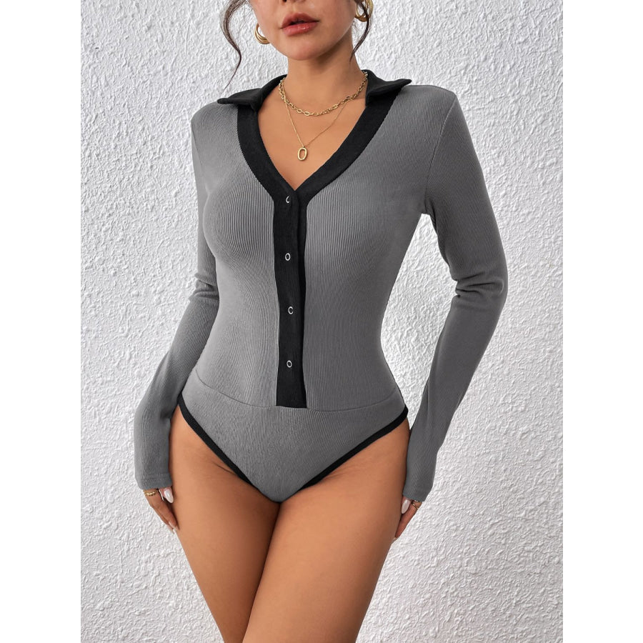 Perfee Contrast Trim Johnny Collar Long Sleeve Bodysuit Apparel and Accessories