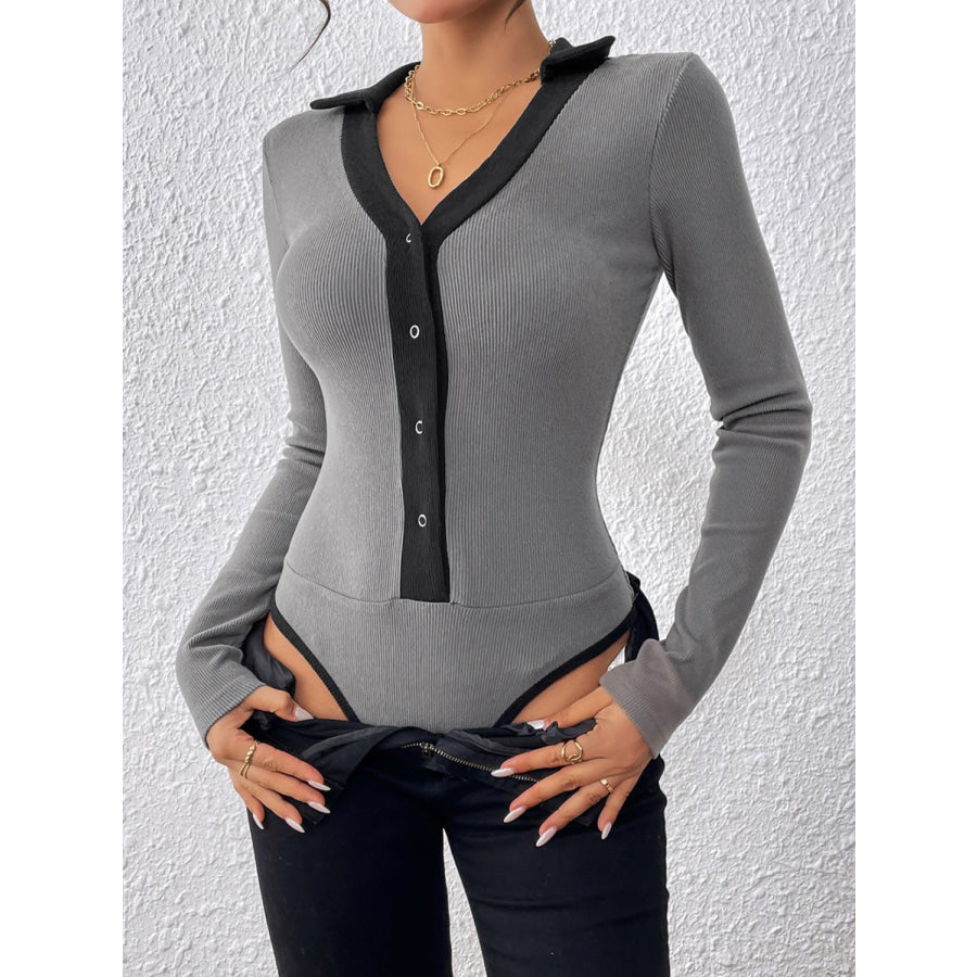 Perfee Contrast Trim Johnny Collar Long Sleeve Bodysuit Apparel and Accessories