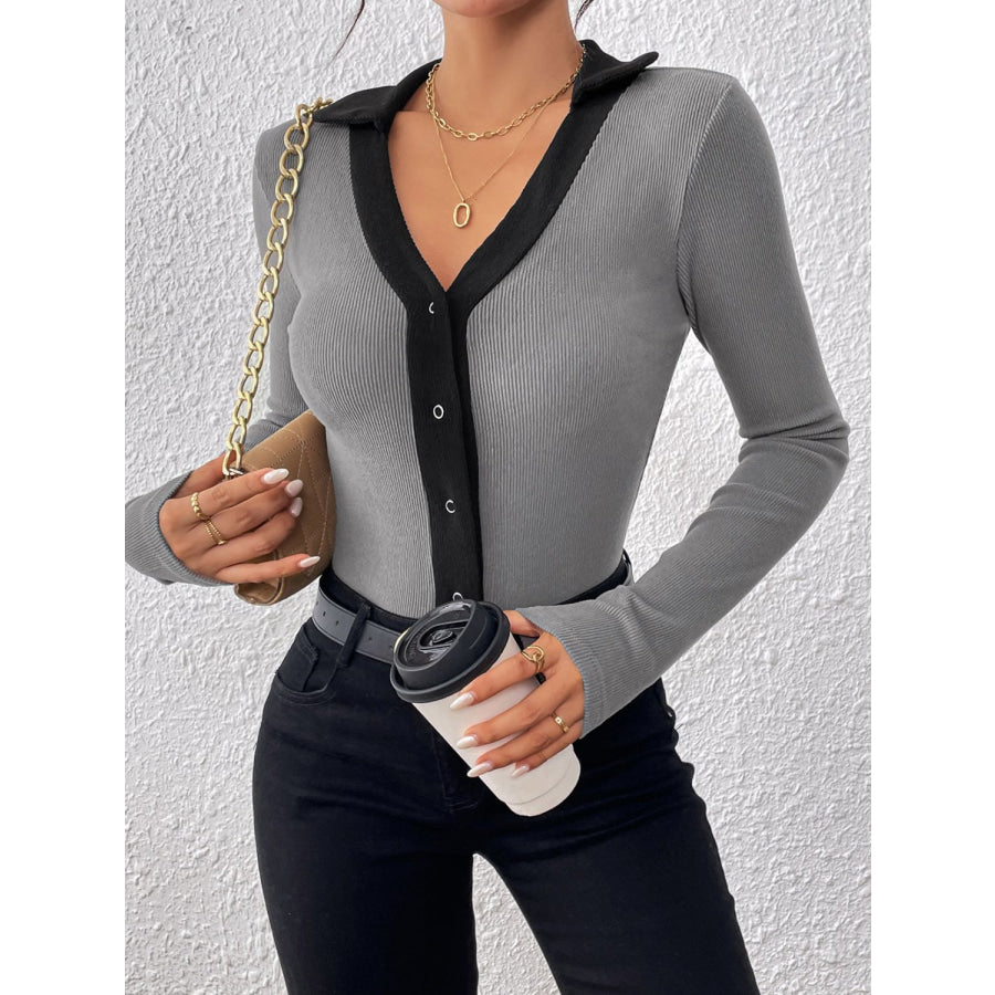 Perfee Contrast Trim Johnny Collar Long Sleeve Bodysuit Apparel and Accessories