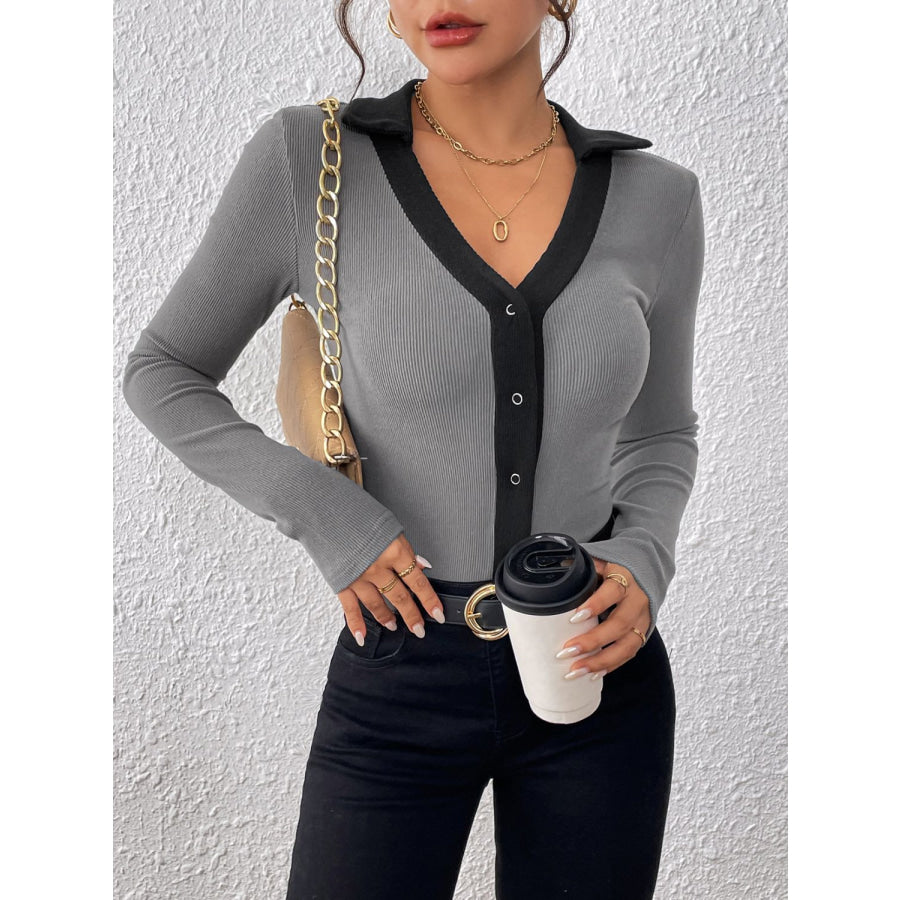 Perfee Contrast Trim Johnny Collar Long Sleeve Bodysuit Apparel and Accessories