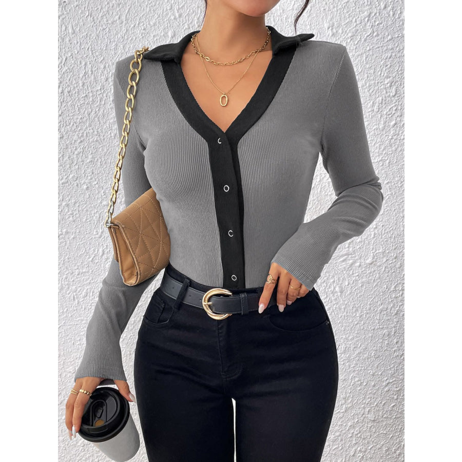 Perfee Contrast Trim Johnny Collar Long Sleeve Bodysuit Gray / S Apparel and Accessories