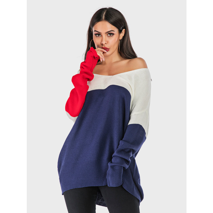 Perfee Contrast V-Neck Long Sleeve Knit Top Apparel and Accessories