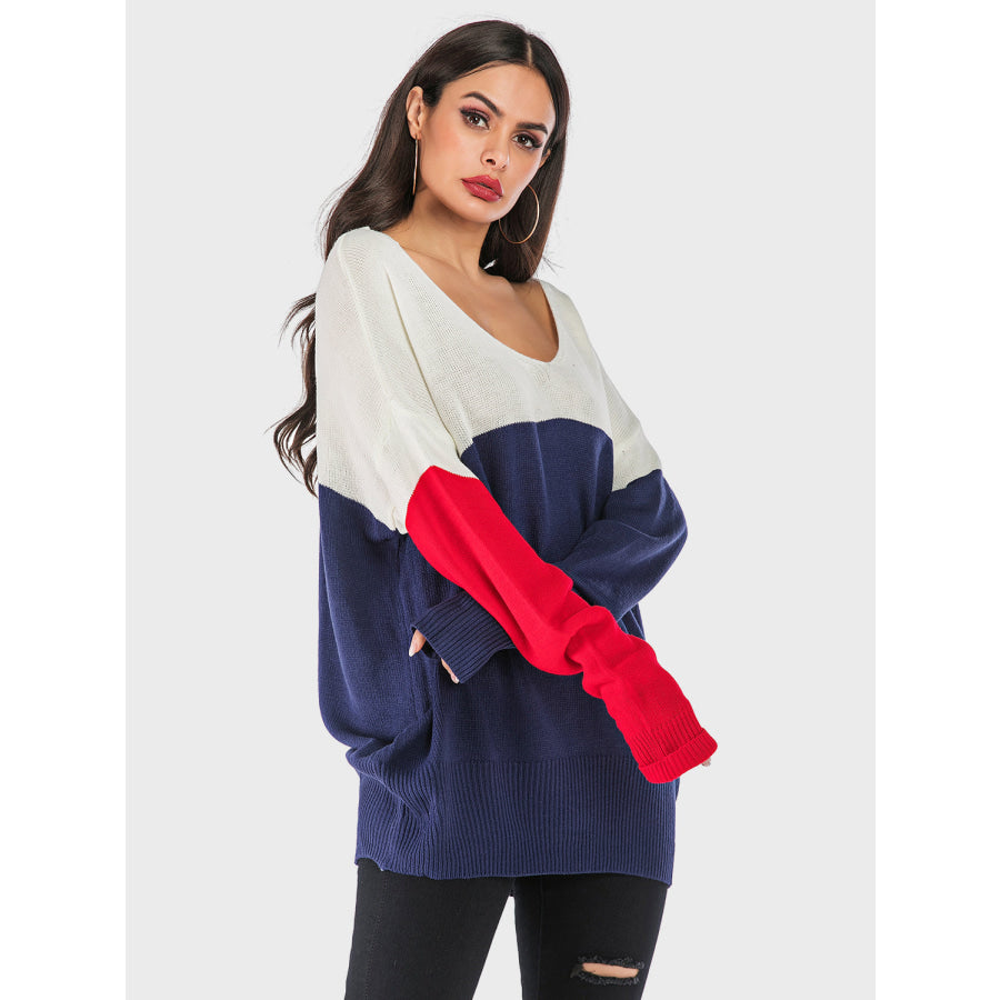 Perfee Contrast V-Neck Long Sleeve Knit Top Apparel and Accessories