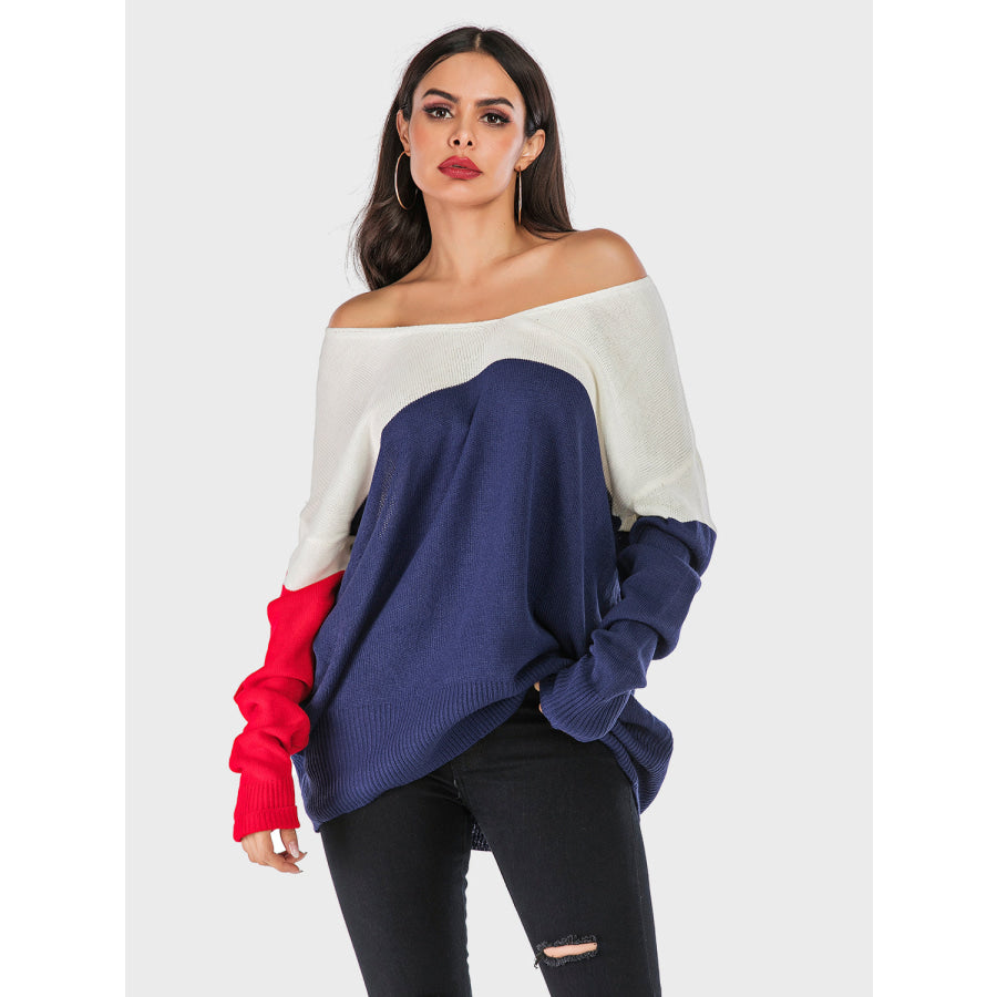 Perfee Contrast V-Neck Long Sleeve Knit Top Dark Blue / S Apparel and Accessories