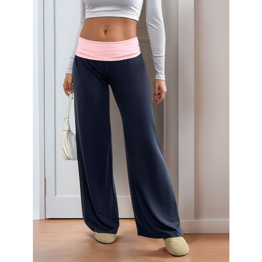 Perfee Contrast Wide Leg Pants Navy / S Apparel and Accessories