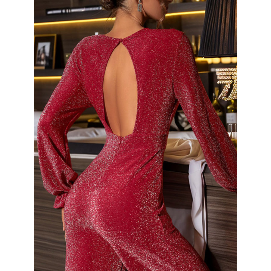 Perfee Cutout Round Neck Long Sleeve Jumpsuit Deep Red / S Apparel and Accessories