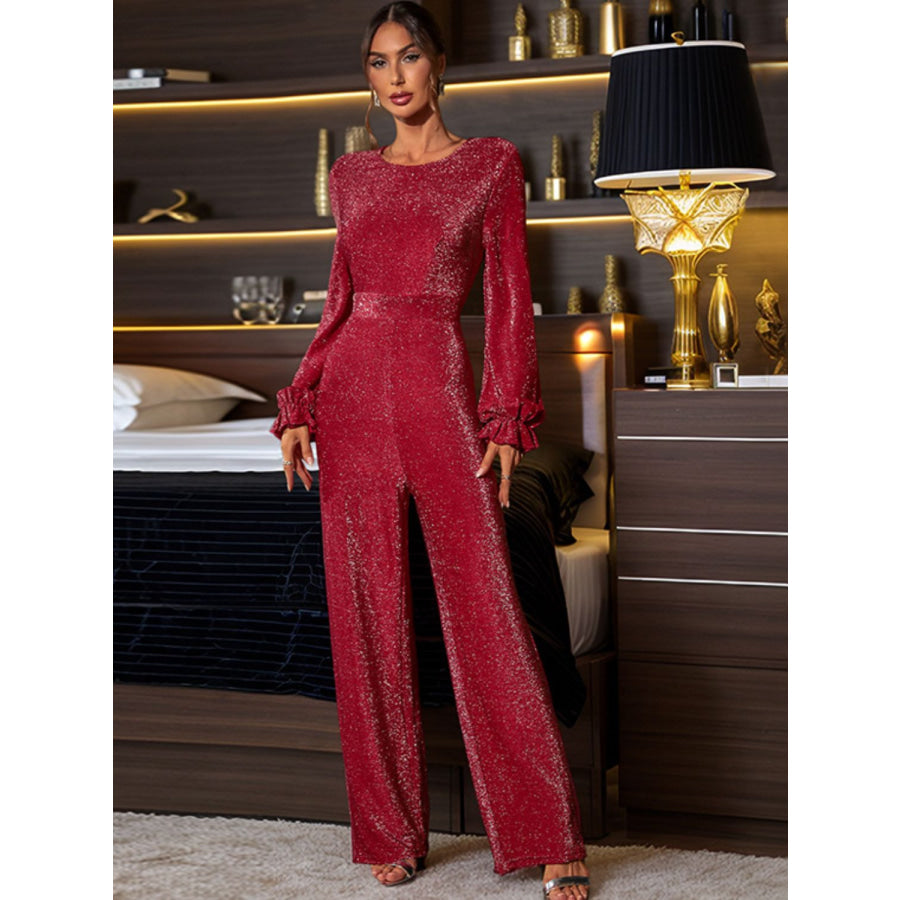 Perfee Cutout Round Neck Long Sleeve Jumpsuit Deep Red / S Apparel and Accessories