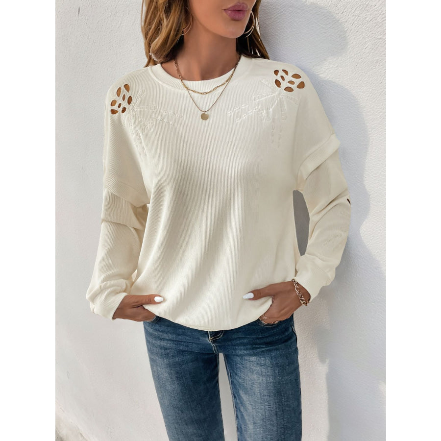 Perfee Cutout Round Neck Long Sleeve Sweatshirt Cream / S Apparel and Accessories