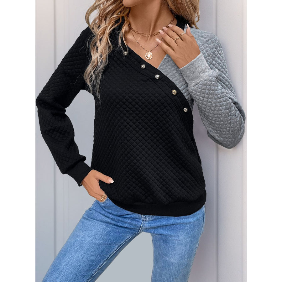 Perfee Decorative Button Contrast Long Sleeve Sweatshirt Apparel and Accessories