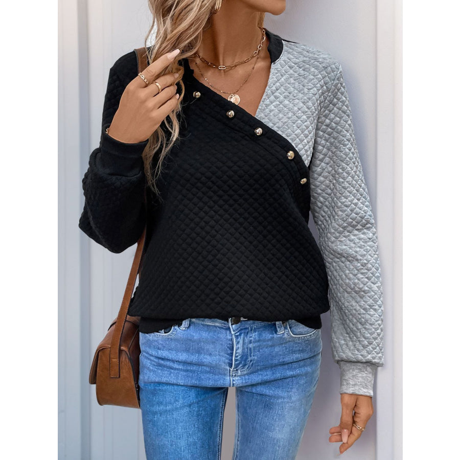 Perfee Decorative Button Contrast Long Sleeve Sweatshirt Apparel and Accessories