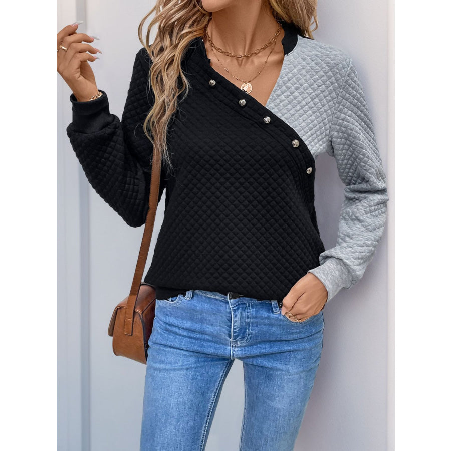 Perfee Decorative Button Contrast Long Sleeve Sweatshirt Apparel and Accessories