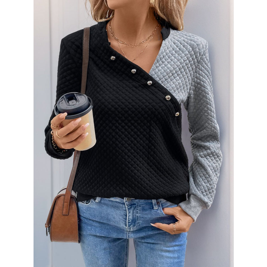 Perfee Decorative Button Contrast Long Sleeve Sweatshirt Black / S Apparel and Accessories