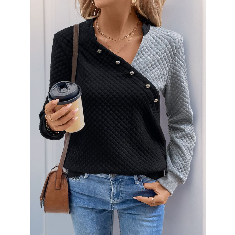 Perfee Decorative Button Contrast Long Sleeve Sweatshirt Black / S Apparel and Accessories