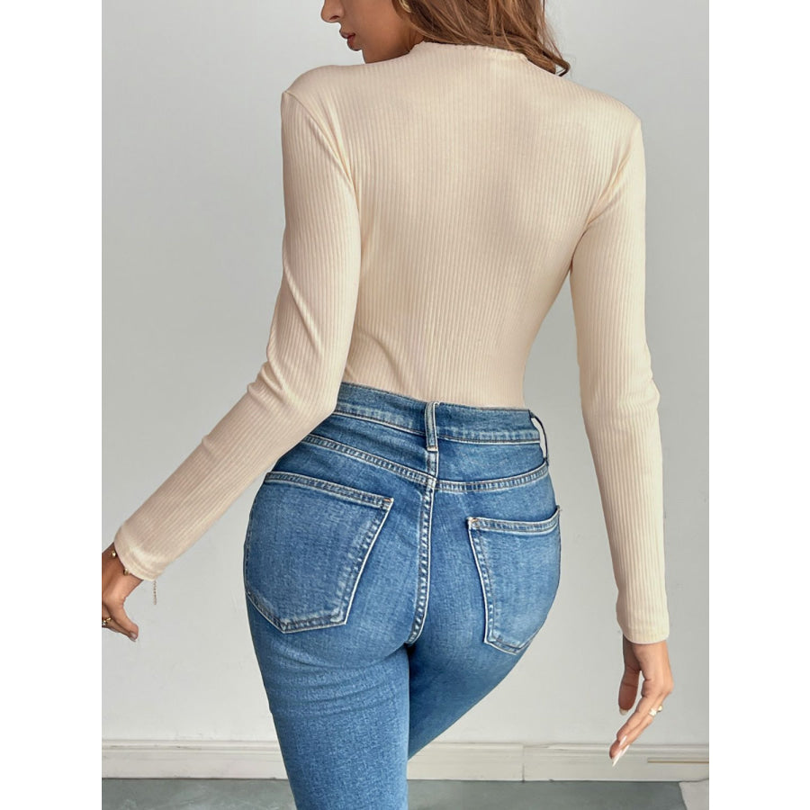 Perfee Decorative Button Round Neck Long Sleeve Bodysuit Apparel and Accessories