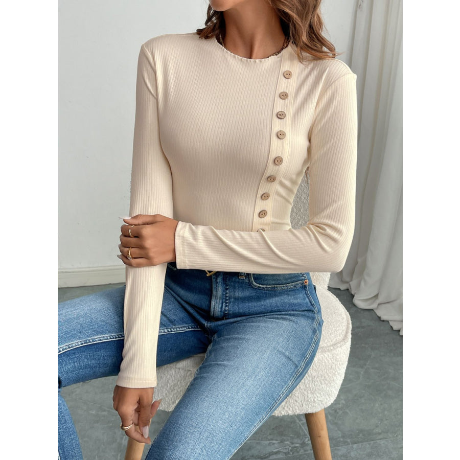 Perfee Decorative Button Round Neck Long Sleeve Bodysuit Apparel and Accessories