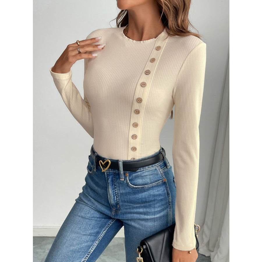 Perfee Decorative Button Round Neck Long Sleeve Bodysuit Apparel and Accessories