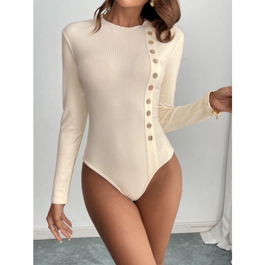 Perfee Decorative Button Round Neck Long Sleeve Bodysuit Pastel Yellow / S Apparel and Accessories