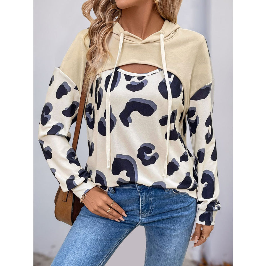 Perfee Drawstring Faux Layered Long Sleeve Hoodie Cream / S Apparel and Accessories