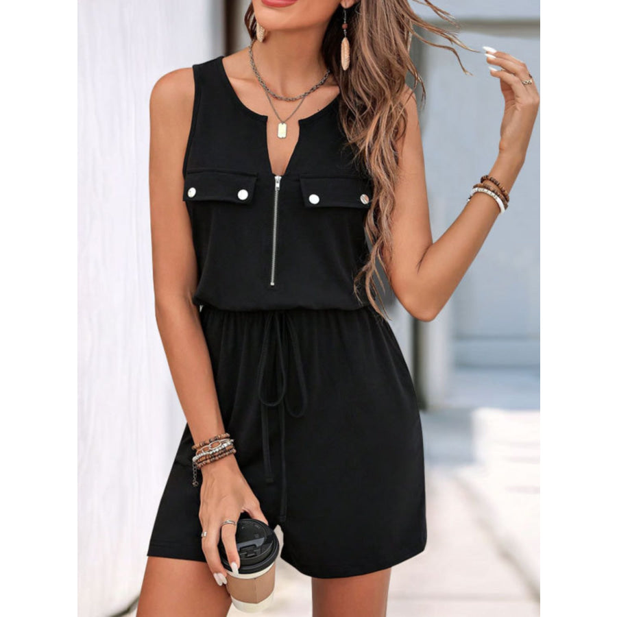 Perfee Drawstring Half Zip Sleeveless Romper Apparel and Accessories