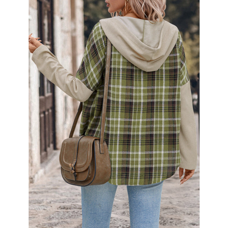 Perfee Drawstring Plaid Long Sleeve Hooded Shirt Apparel and Accessories