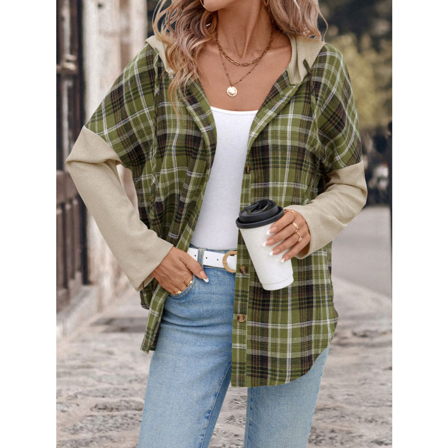 Perfee Drawstring Plaid Long Sleeve Hooded Shirt Apparel and Accessories