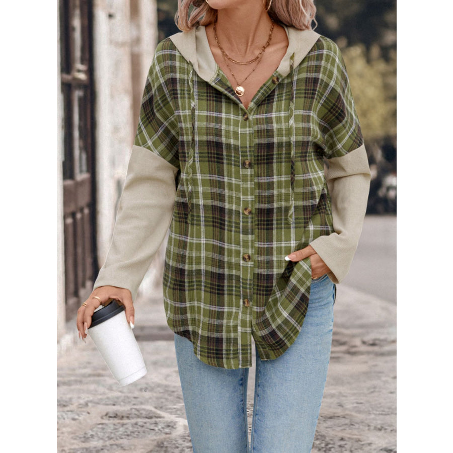 Perfee Drawstring Plaid Long Sleeve Hooded Shirt Apparel and Accessories