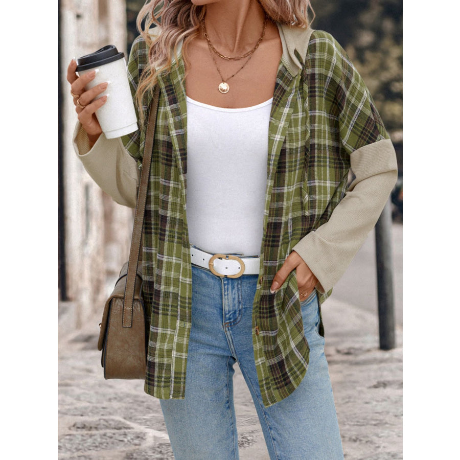 Perfee Drawstring Plaid Long Sleeve Hooded Shirt Apparel and Accessories