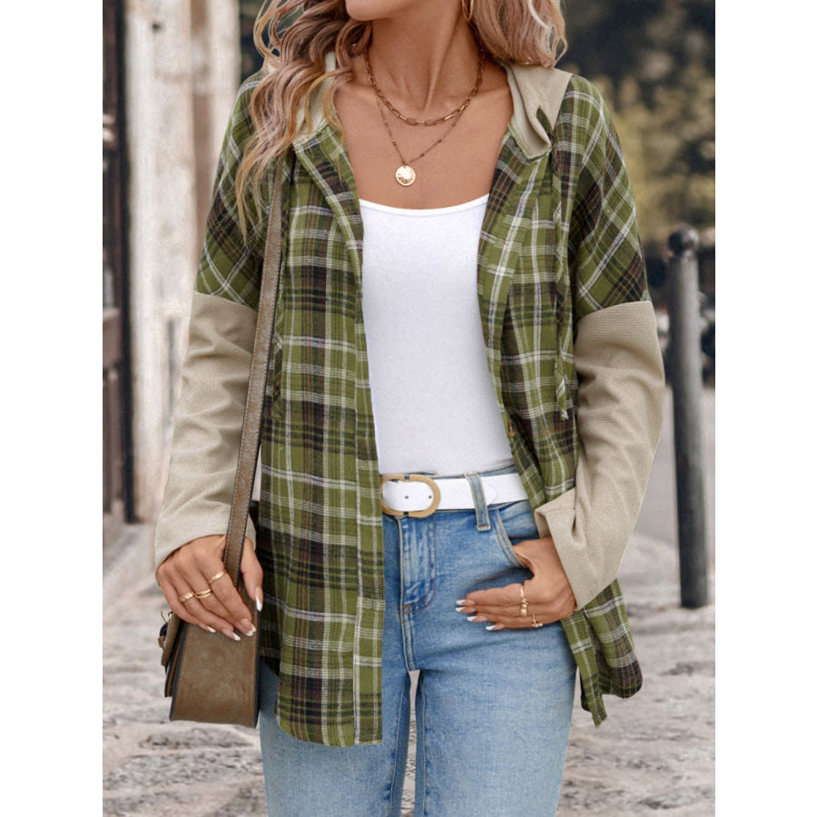 Perfee Drawstring Plaid Long Sleeve Hooded Shirt Apparel and Accessories