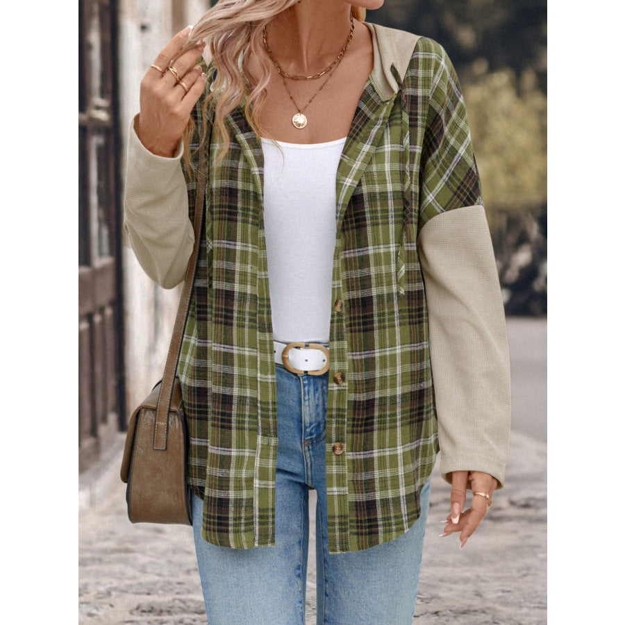 Perfee Drawstring Plaid Long Sleeve Hooded Shirt Matcha Green / S Apparel and Accessories