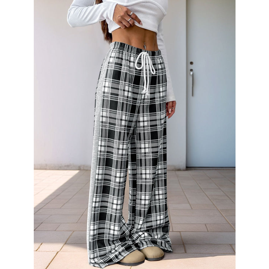 Perfee Drawstring Plaid Wide Leg Pants Apparel and Accessories