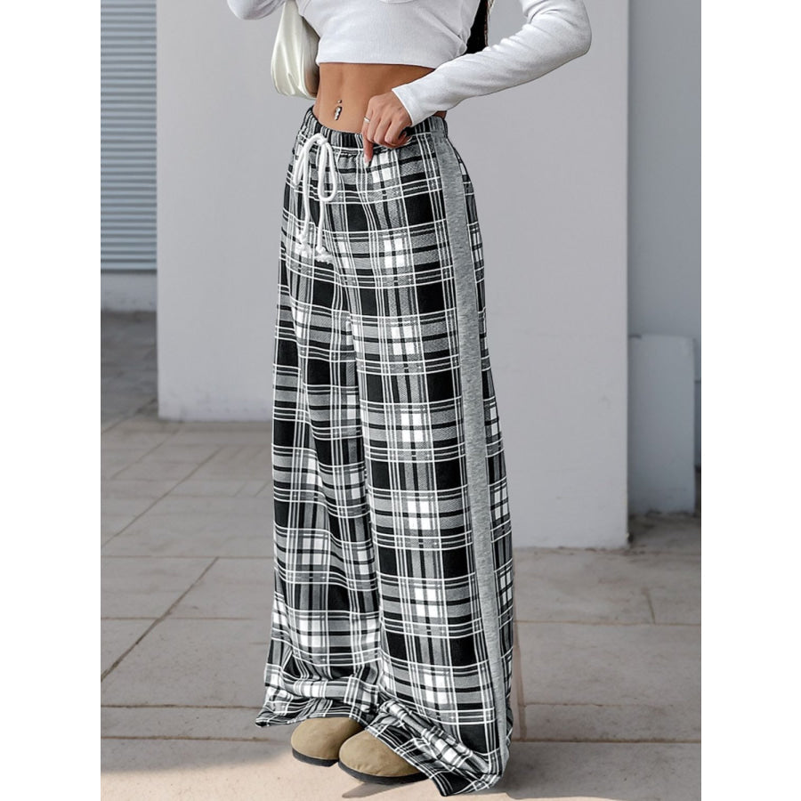 Perfee Drawstring Plaid Wide Leg Pants Apparel and Accessories