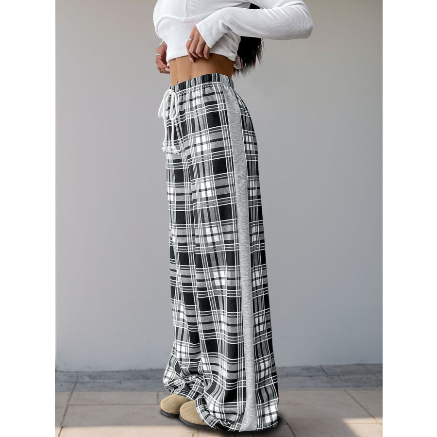 Perfee Drawstring Plaid Wide Leg Pants Apparel and Accessories