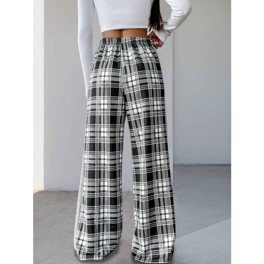 Perfee Drawstring Plaid Wide Leg Pants Apparel and Accessories