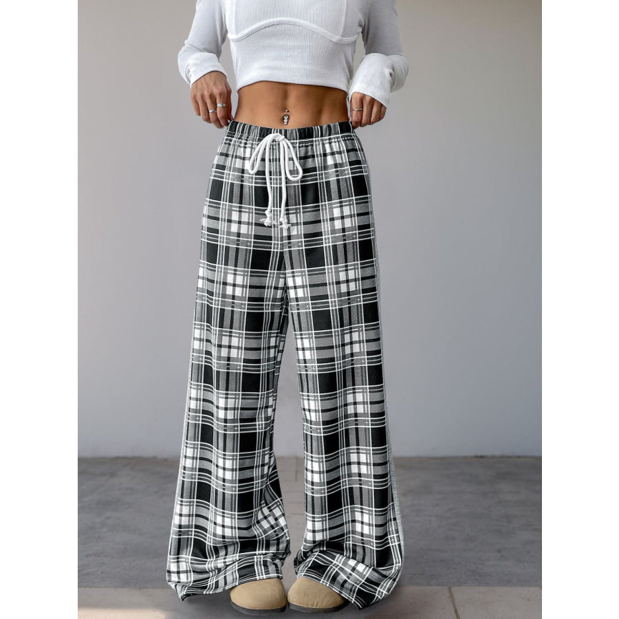 Perfee Drawstring Plaid Wide Leg Pants Black / S Apparel and Accessories