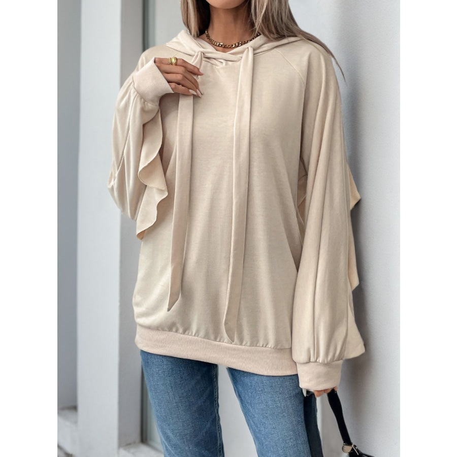 Perfee Drawstring Ruffled Long Sleeve Hoodie Apparel and Accessories