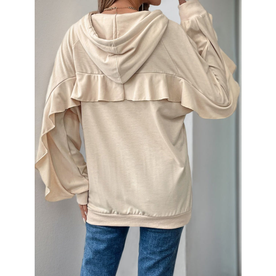 Perfee Drawstring Ruffled Long Sleeve Hoodie Tan / S Apparel and Accessories