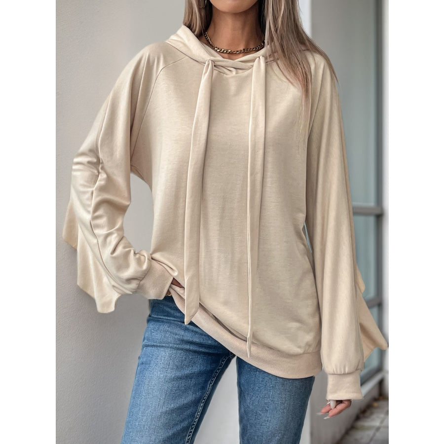 Perfee Drawstring Ruffled Long Sleeve Hoodie Tan / S Apparel and Accessories