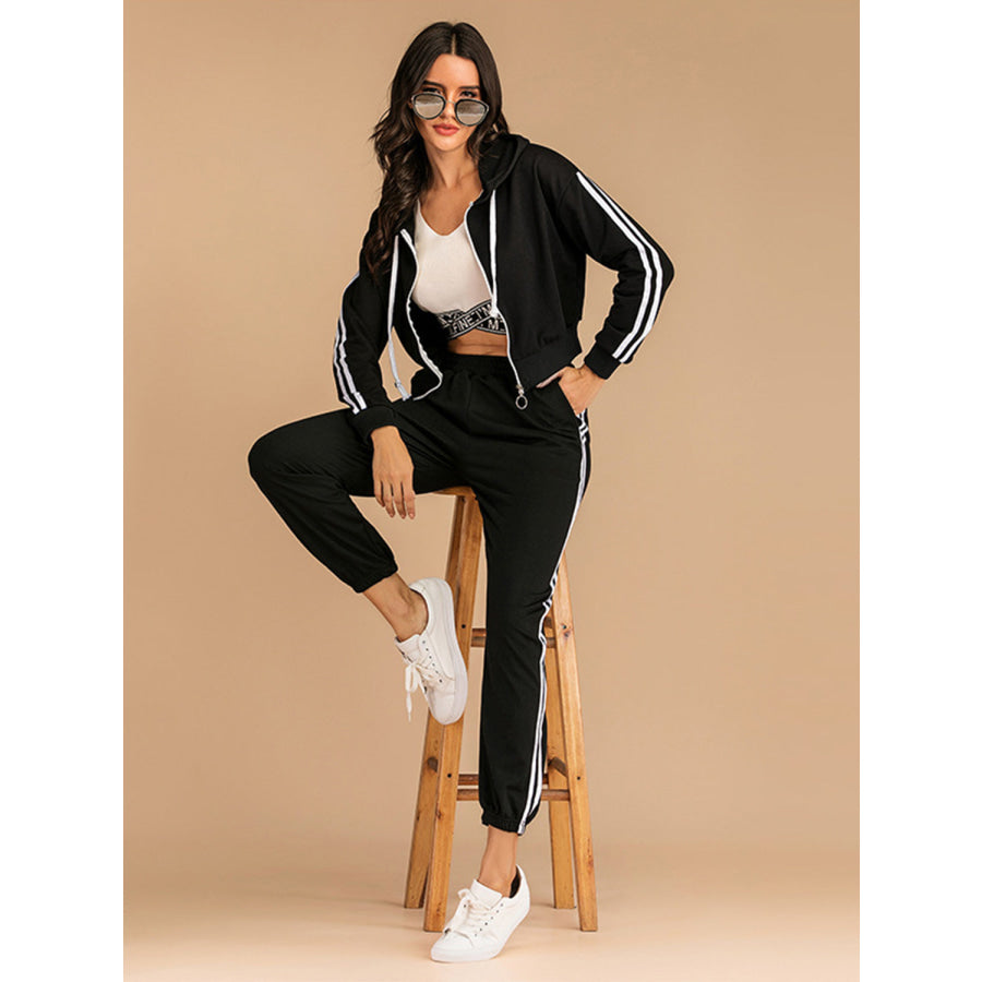 Perfee Drawstring Side Stripe Zip Up Hooded Top and Pants Set Apparel and Accessories