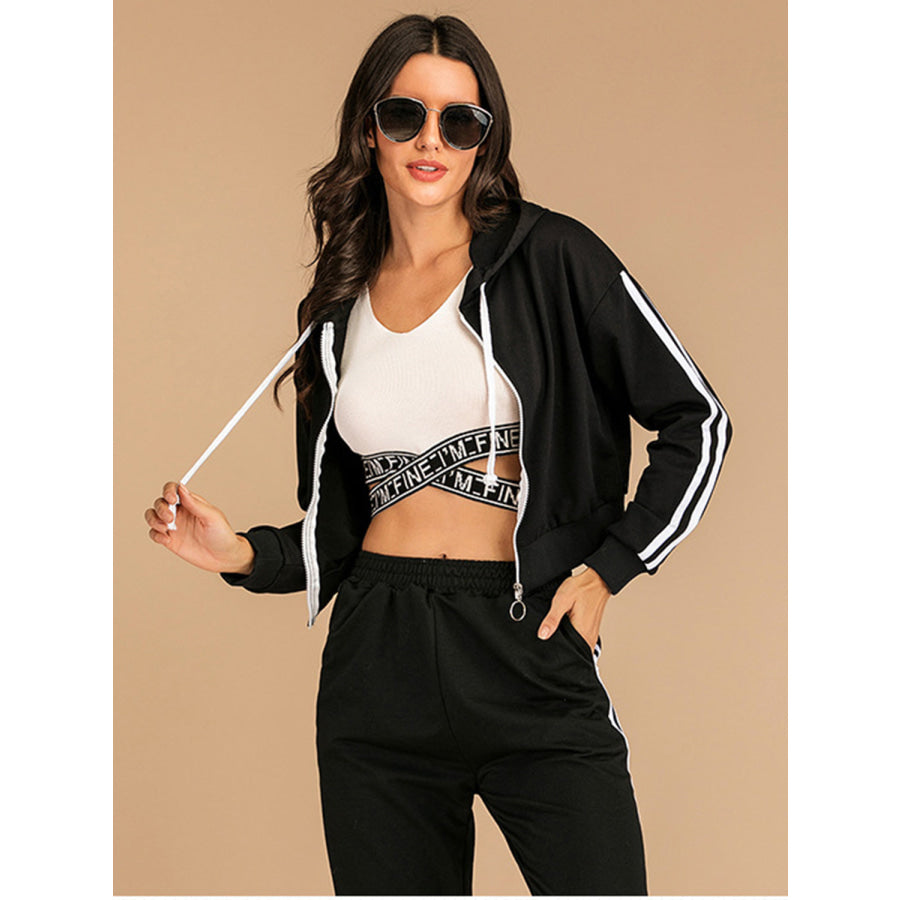 Perfee Drawstring Side Stripe Zip Up Hooded Top and Pants Set Apparel and Accessories