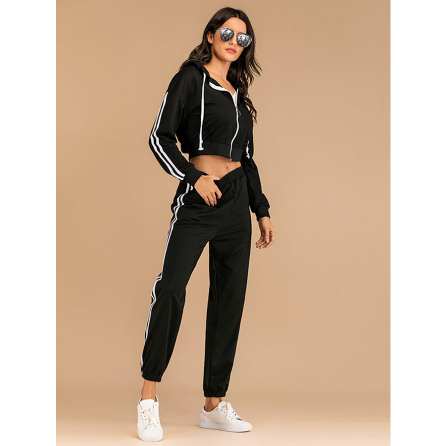 Perfee Drawstring Side Stripe Zip Up Hooded Top and Pants Set Apparel and Accessories