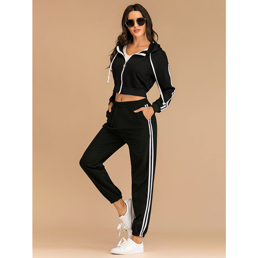 Perfee Drawstring Side Stripe Zip Up Hooded Top and Pants Set Black / S Apparel and Accessories