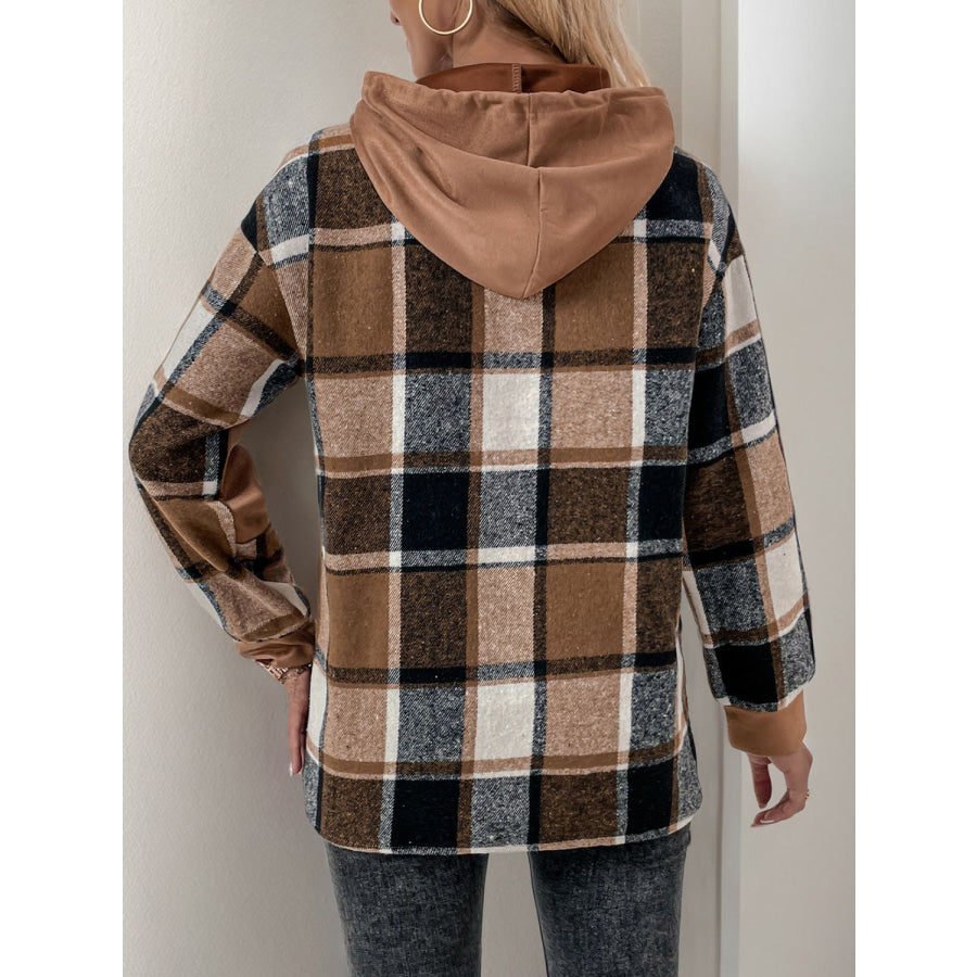 Perfee Drawstring Slit Plaid Long Sleeve Hoodie Apparel and Accessories