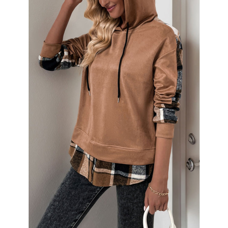 Perfee Drawstring Slit Plaid Long Sleeve Hoodie Apparel and Accessories